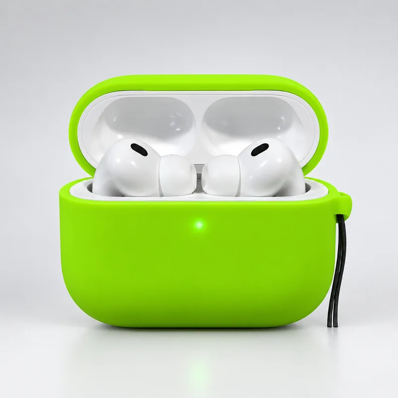 Estuche KORD PRO 2 abierto, con la funda de silicona verde neón.